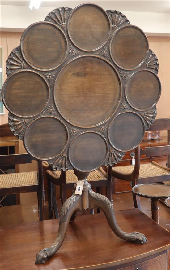 A 1920s Chippendale revival mahogany tilt top tea table with scallop top and a pair of mahogany torcheres table diameter 81cm